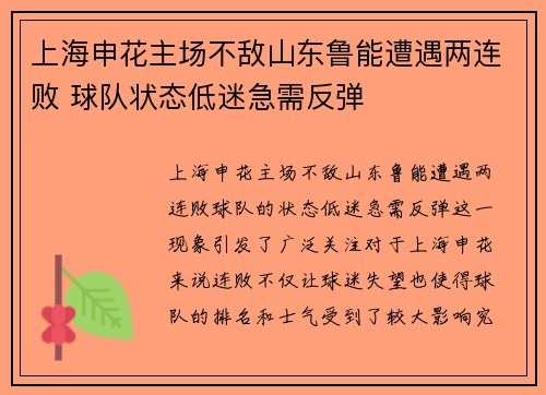 上海申花主场不敌山东鲁能遭遇两连败 球队状态低迷急需反弹 上海申花主场不敌山东鲁能遭遇两连败 球队状态低迷急需反弹